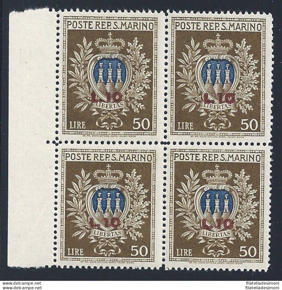 1946 SAN MARINO, N° 297 Stemma Sovrastampato MNH/** QUARTINA BDF - Altri & Non Classificati