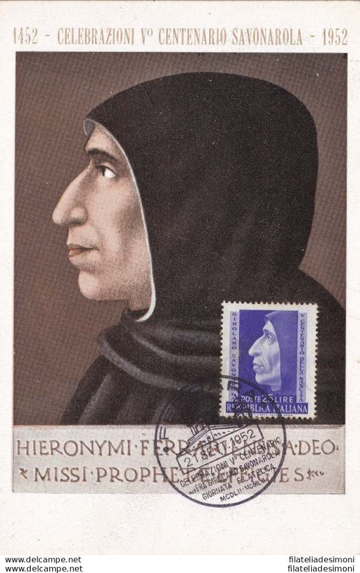 1952 Savonarola,n° 696 Cartolina Maximum Con Annullo Speciale - Europa