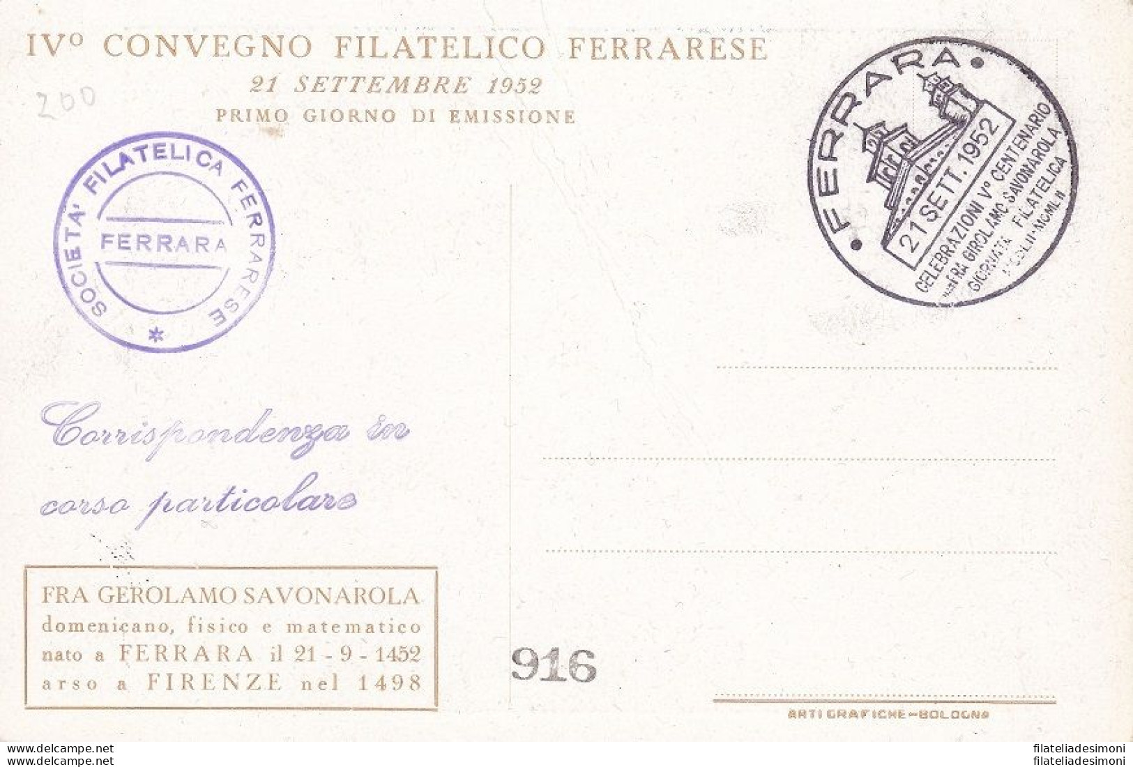 1952 Savonarola,n° 696 Cartolina Maximum Con Annullo Speciale - Europa