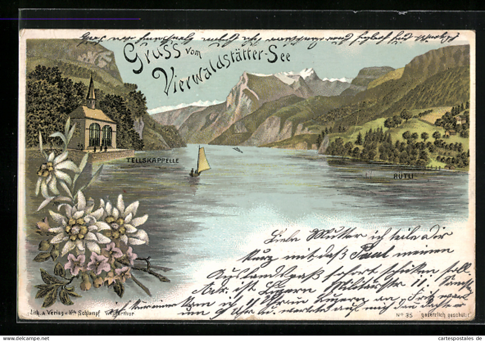 Lithographie Seelisberg, Rütli, Vierwaldstättersee, Tellskapelle  - Seelisberg