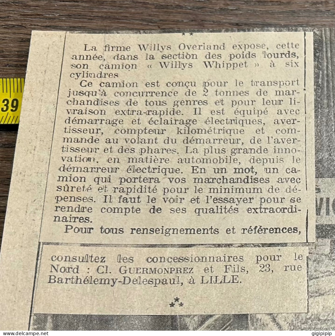 1930 GHI15 STAND DES AUTOMOBILES WILLYS WHIPPET Concessionnaires GUERMOMPREZ FILs 23 Rue Barthélémy-Delespaul Lille - Colecciones