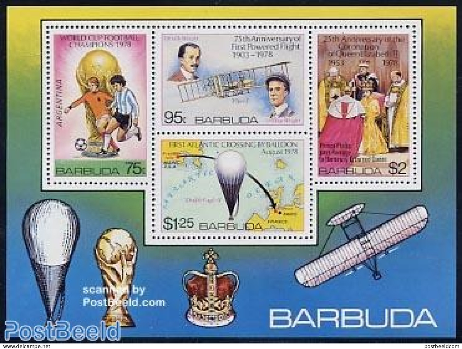 Barbuda 1978 World Cup Football S/s, Mint NH, Sport - Transport - Various - Football - Balloons - Aircraft & Aviation .. - Montgolfières