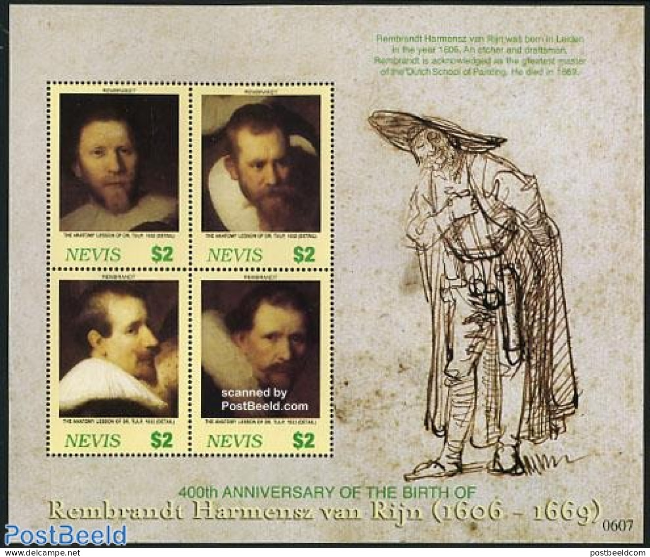 Nevis 2006 Rembrandt 4v M/s, Mint NH, Art - Paintings - Rembrandt - St.Kitts And Nevis ( 1983-...)