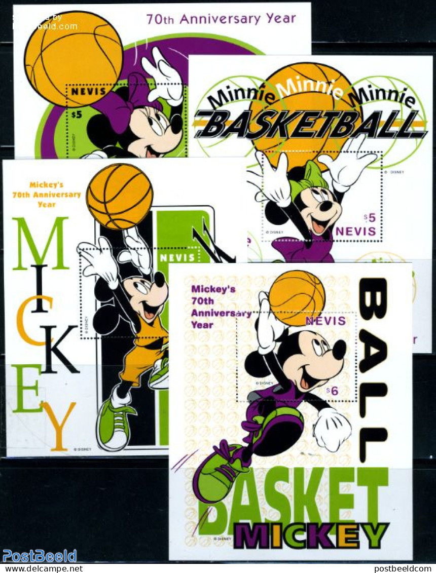 Nevis 1998 Disney, Basketball 4 S/s, Mint NH, Sport - Basketball - Art - Disney - Basketball