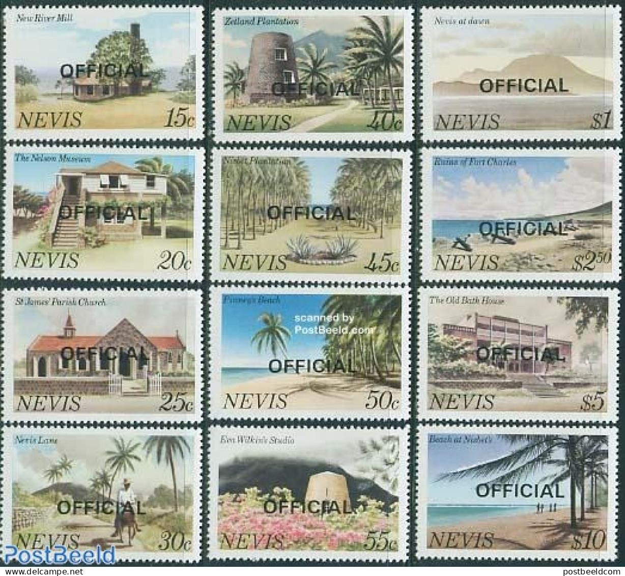 Nevis 1981 Official Overprints 12v, Mint NH, Art - Architecture - St.Kitts-et-Nevis ( 1983-...)