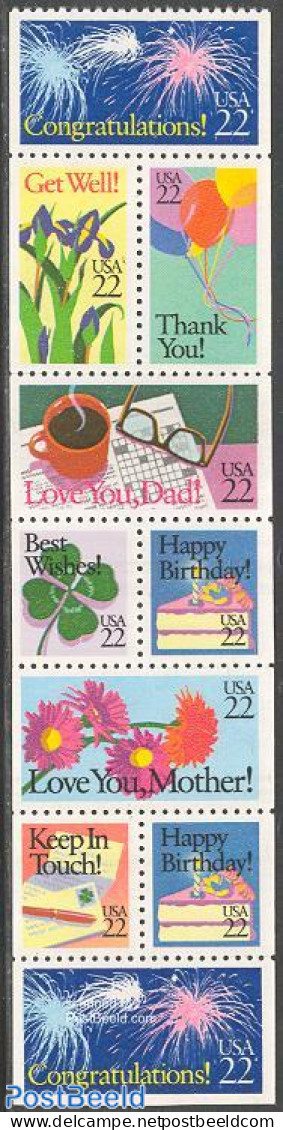 United States Of America 1987 Greeting Stamps Booklet Pane, Mint NH, Nature - Various - Flowers & Plants - Greetings &.. - Nuevos