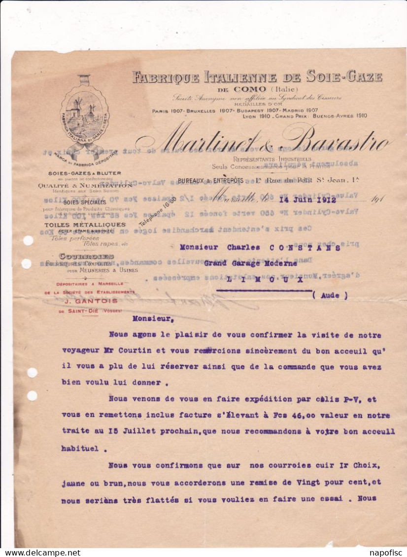 13-Martinet & Barastro....Fabrique Italienne De Soie-Gaze De Como..Marseille...(Bouches-du-Rhône)...1912 - Autres & Non Classés