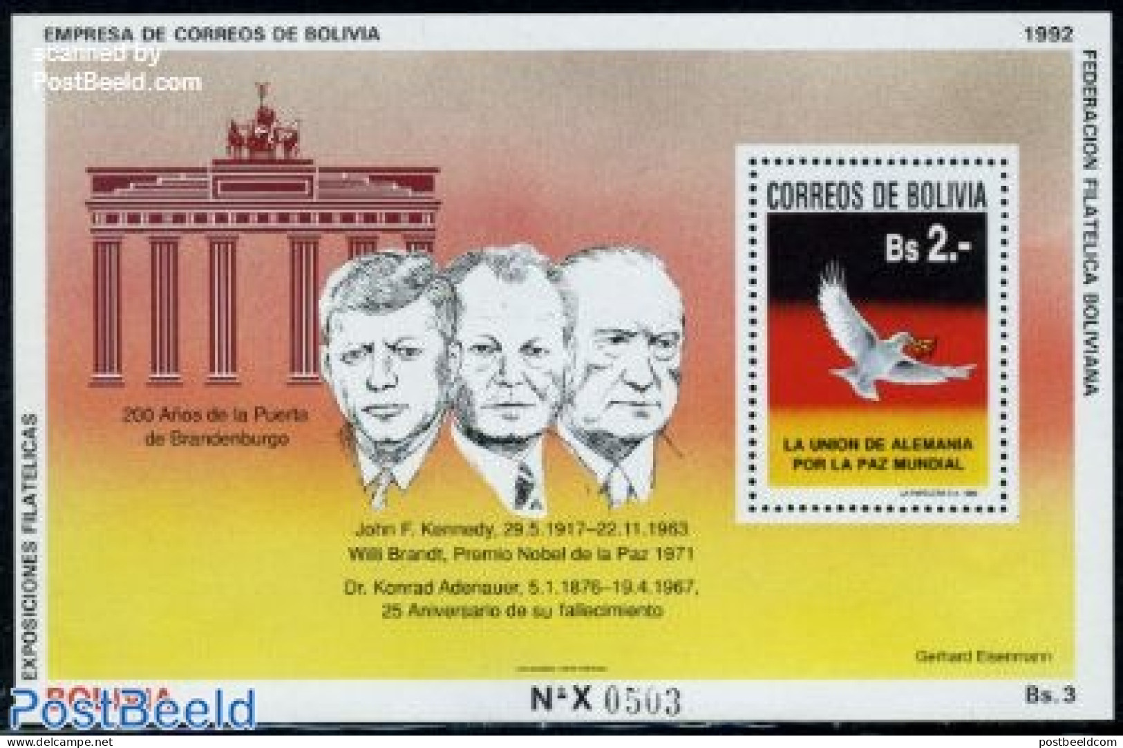 Bolivia 1992 Brandenburg Gate S/s, Mint NH, History - Bolivië