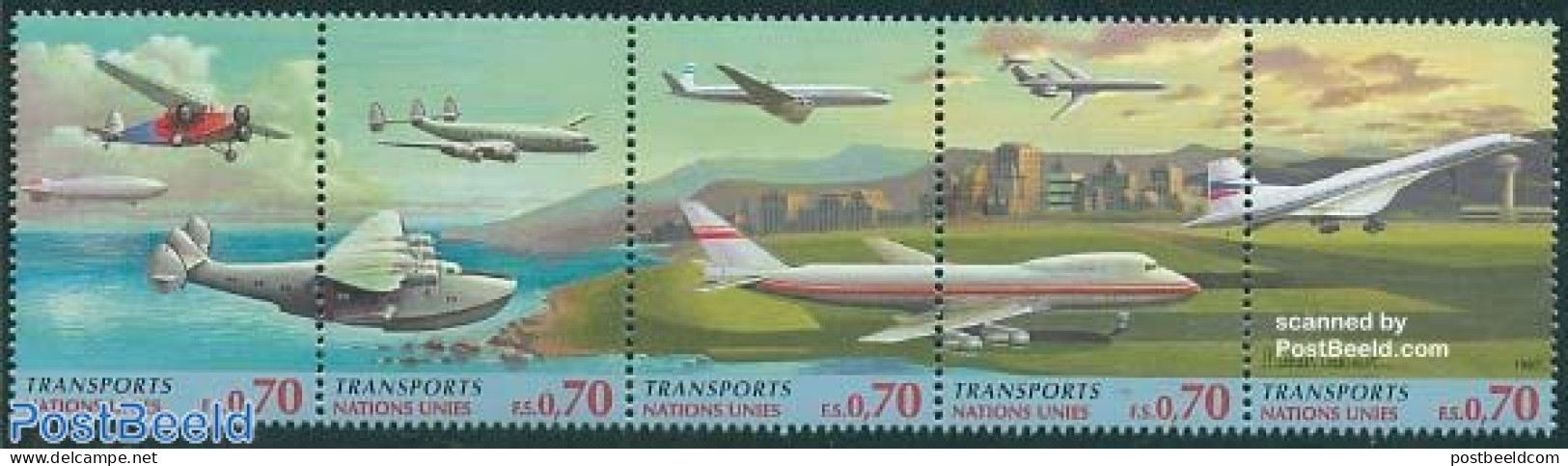 United Nations, Geneva 1997 Traffic, Aviation 5v [::::], Mint NH, Transport - Concorde - Aircraft & Aviation - Zeppelins - Concorde
