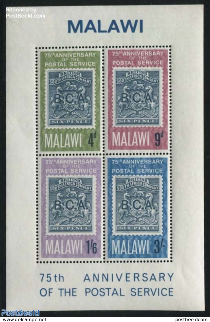 Malawi 1966 Postal Service 75th Anniversary S/s, Mint NH, History - Coat Of Arms - Stamps On Stamps - Briefmarken Auf Briefmarken