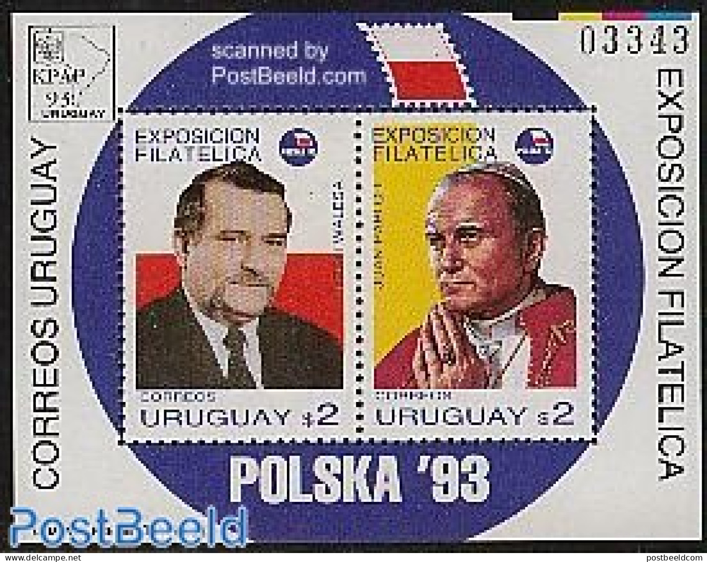 Uruguay 1993 Polska 93 S/s, Mint NH, History - Religion - Politicians - Pope - Papas