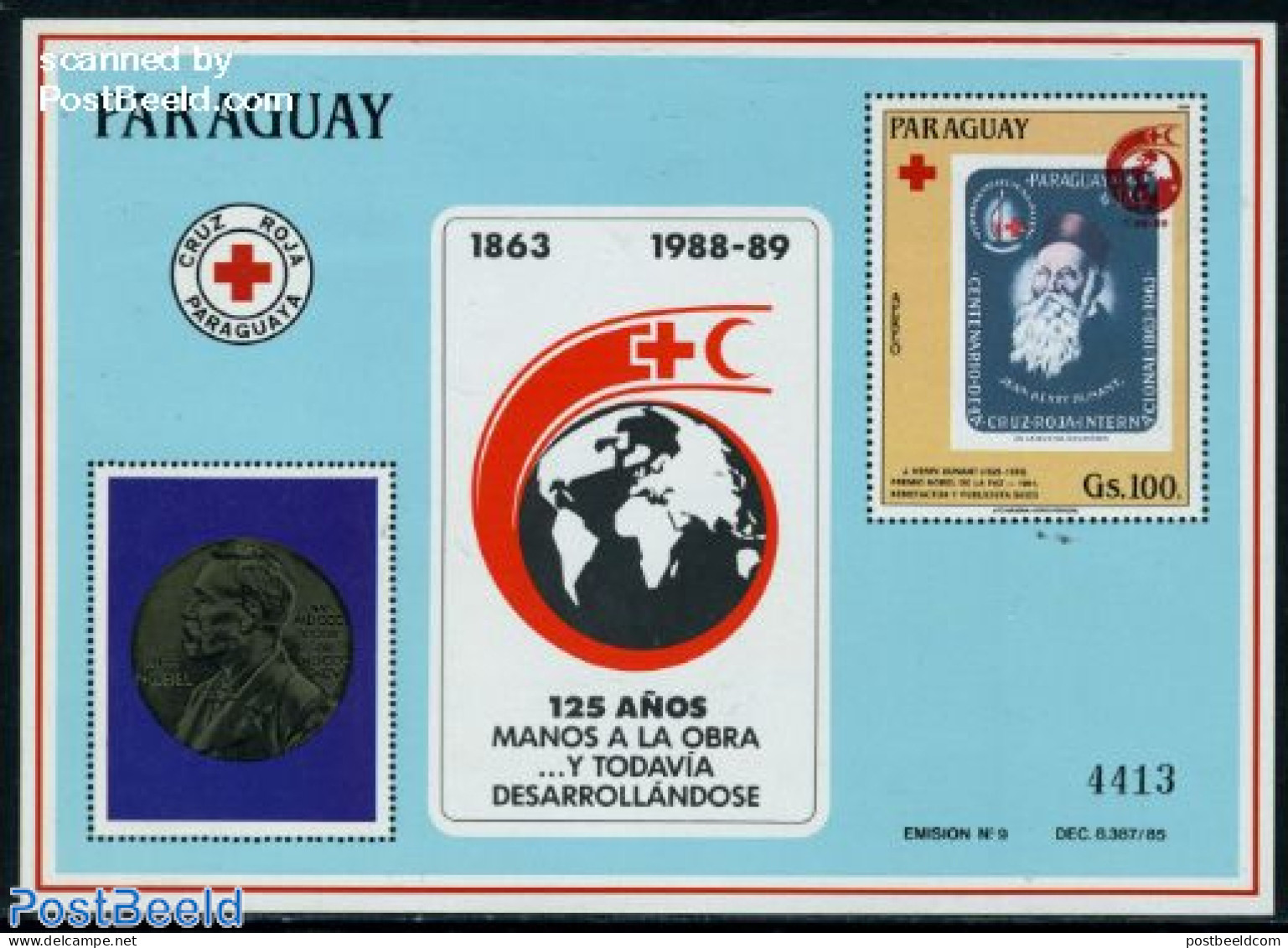 Paraguay 1989 125 Years Red Cross S/s, Mint NH, Health - Red Cross - Stamps On Stamps - Rotes Kreuz