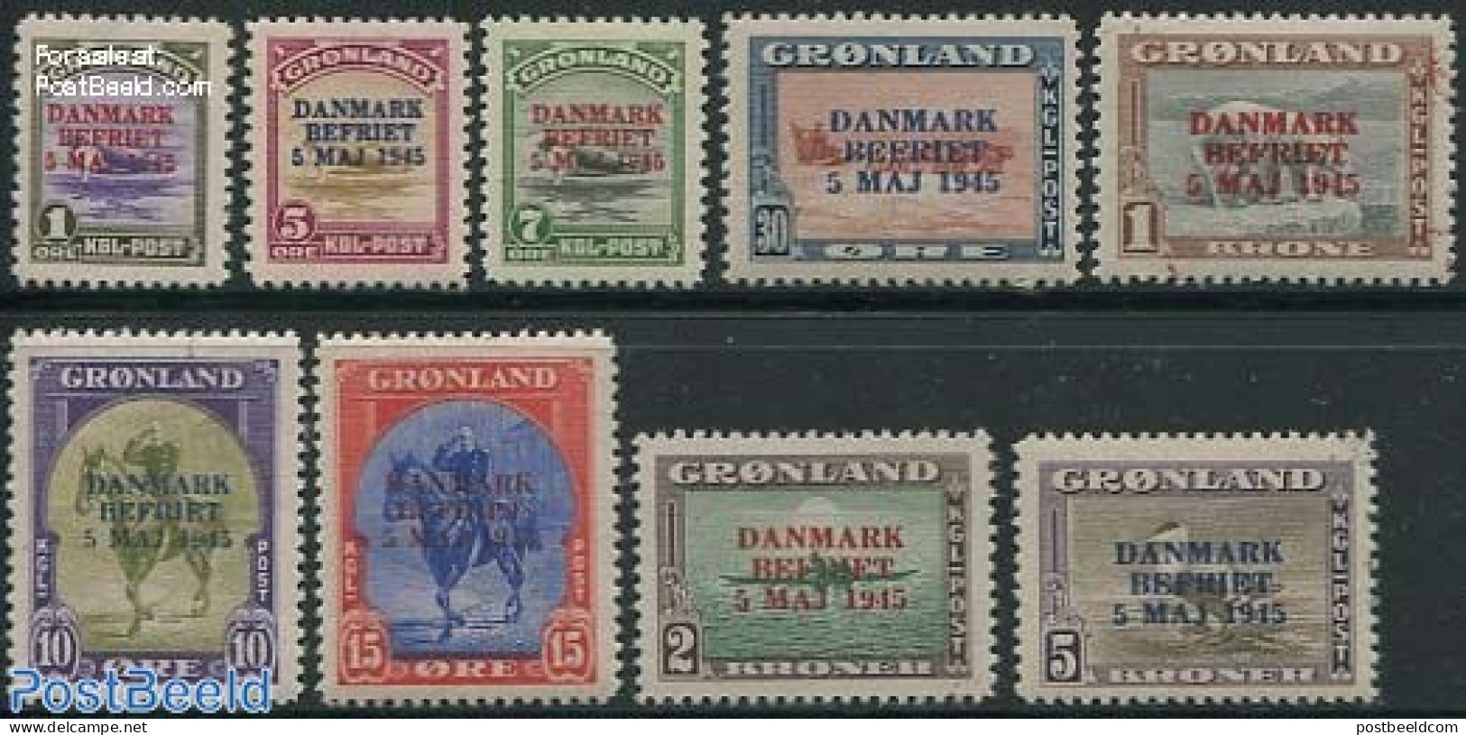 Greenland 1945 Liberation Of Denmark 9v, Mint NH - Nuevos