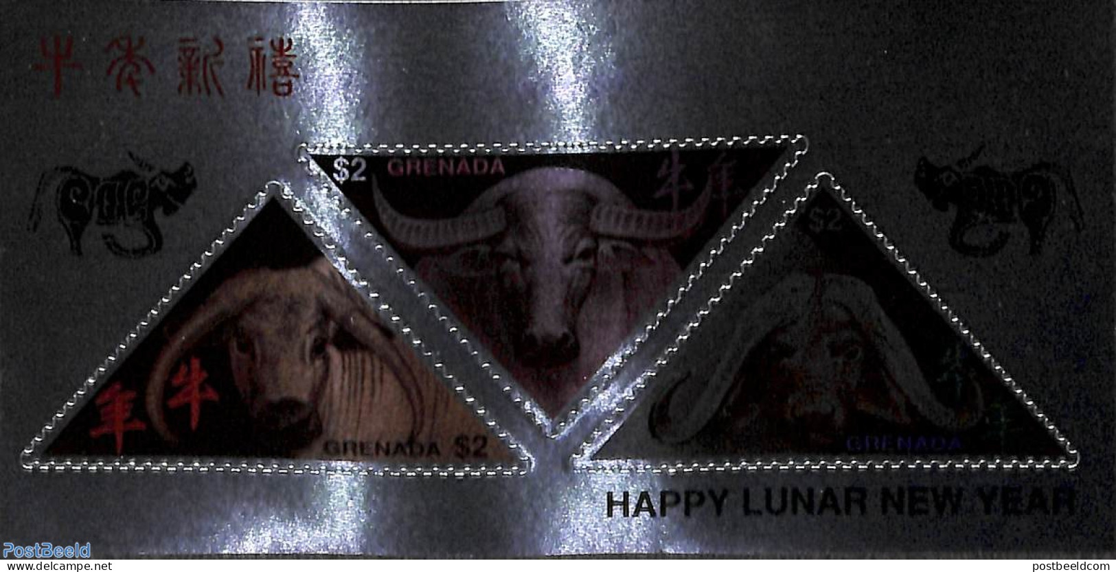 Grenada 1997 Year Of The Ox 3v M/s (silver), Mint NH, Nature - Various - Cattle - New Year - Año Nuevo