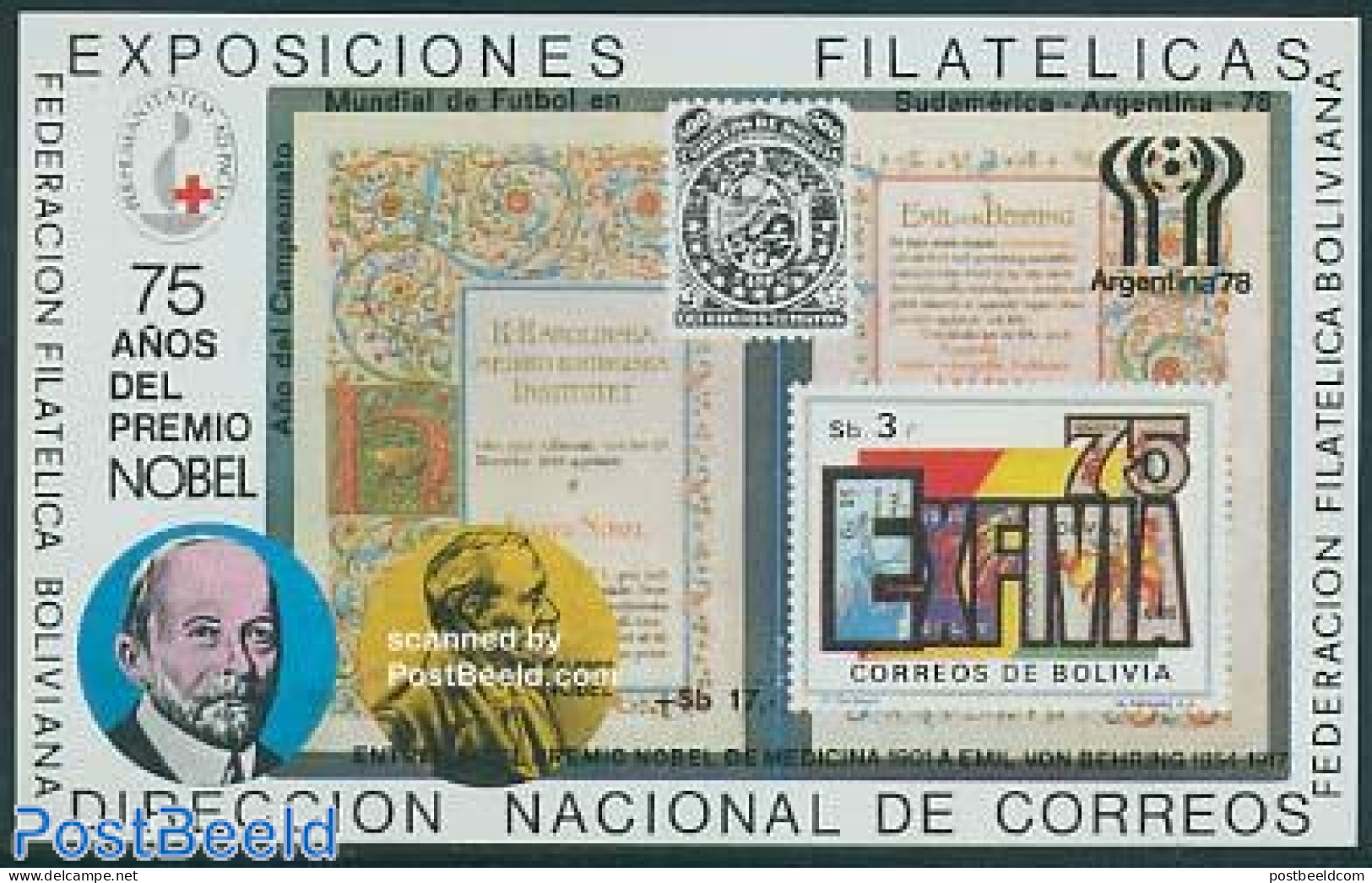 Bolivia 1978 Nobel Prize S/s, Mint NH, Health - History - Red Cross - Nobel Prize Winners - Stamps On Stamps - Books - Red Cross
