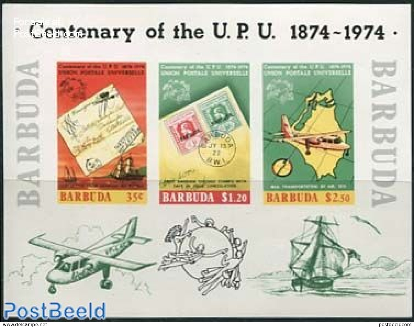 Barbuda 1974 UPU Centenary S/s Imperforated, Mint NH, Transport - Various - Stamps On Stamps - U.P.U. - Aircraft & Avi.. - Stamps On Stamps