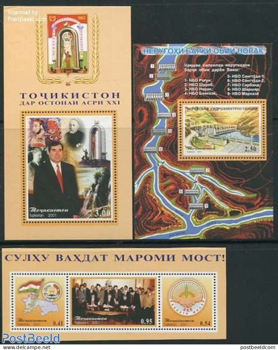 Tajikistan 2001 10 Years Independence 3 S/s, Mint NH, History - Nature - Various - Politicians - Water, Dams & Falls -.. - Aardrijkskunde