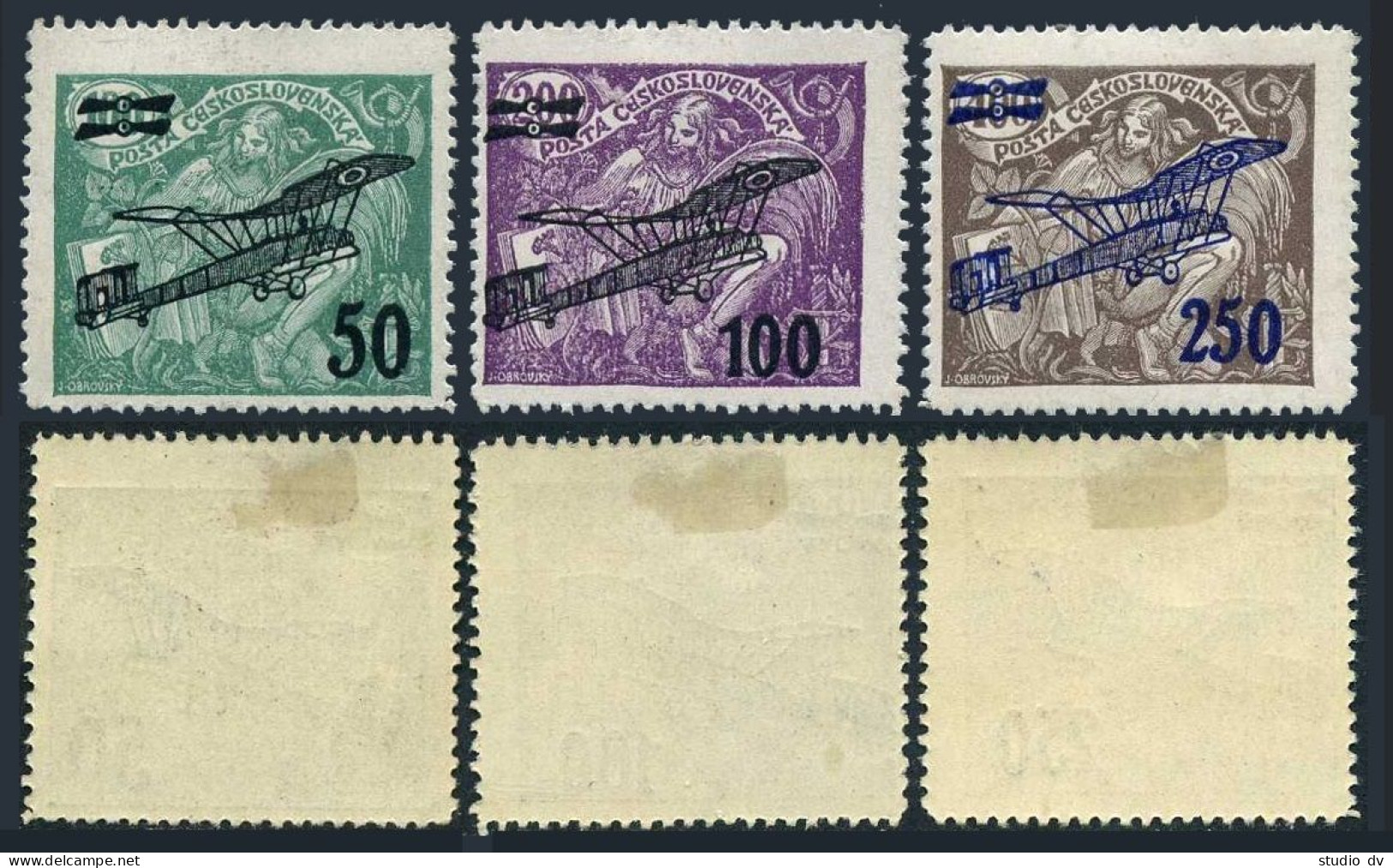 Czechoslovakia C7-C9, Hinged. Michel 199-201. Air Post 1922. Plane Surcharged. - Poste Aérienne