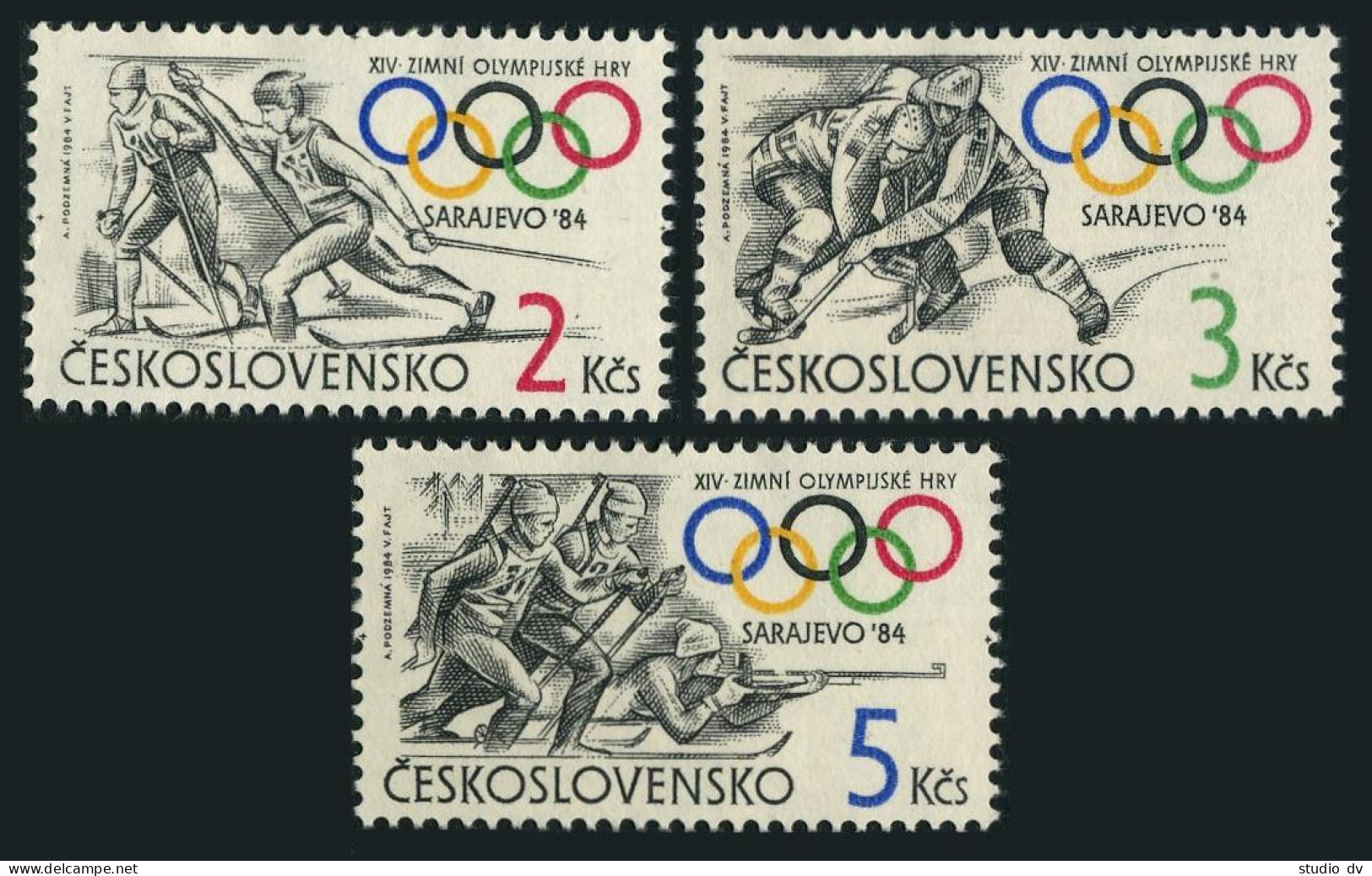 Czechoslovakia 2495-2497,MNH.Mi 1751-2753.Olympics Sarajevo-1984.Biathlon,Hockey - Nuovi