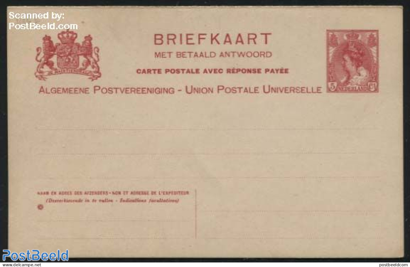 Netherlands 1908 Reply Paid Postcard 5+5c, With Rosette Left Under, Distance Between 3rd,4th,5th Line On Reply Card 1,.. - Lettres & Documents