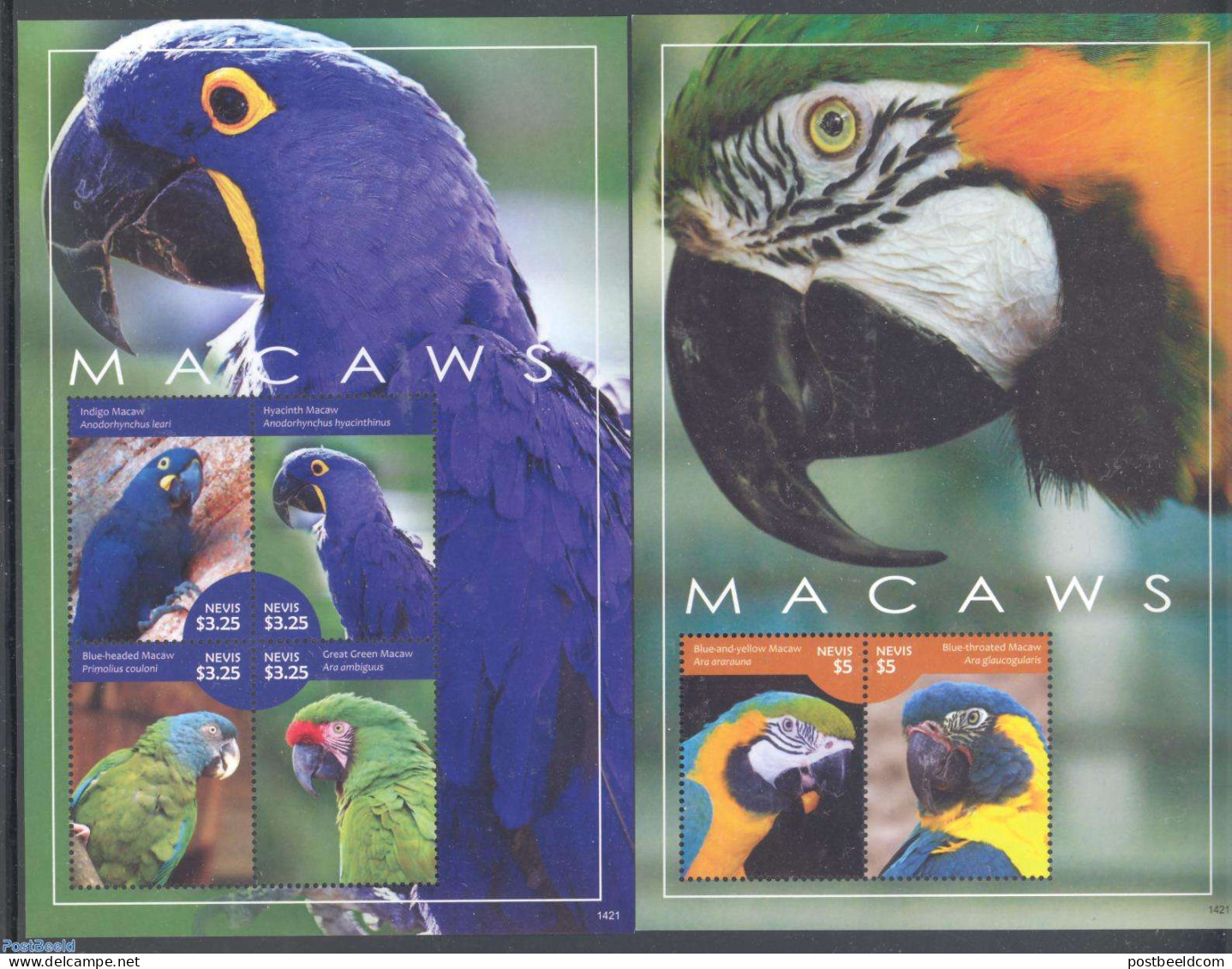 Nevis 2014 Macaw 2 S/s, Mint NH, Nature - Birds - Parrots - St.Kitts-et-Nevis ( 1983-...)