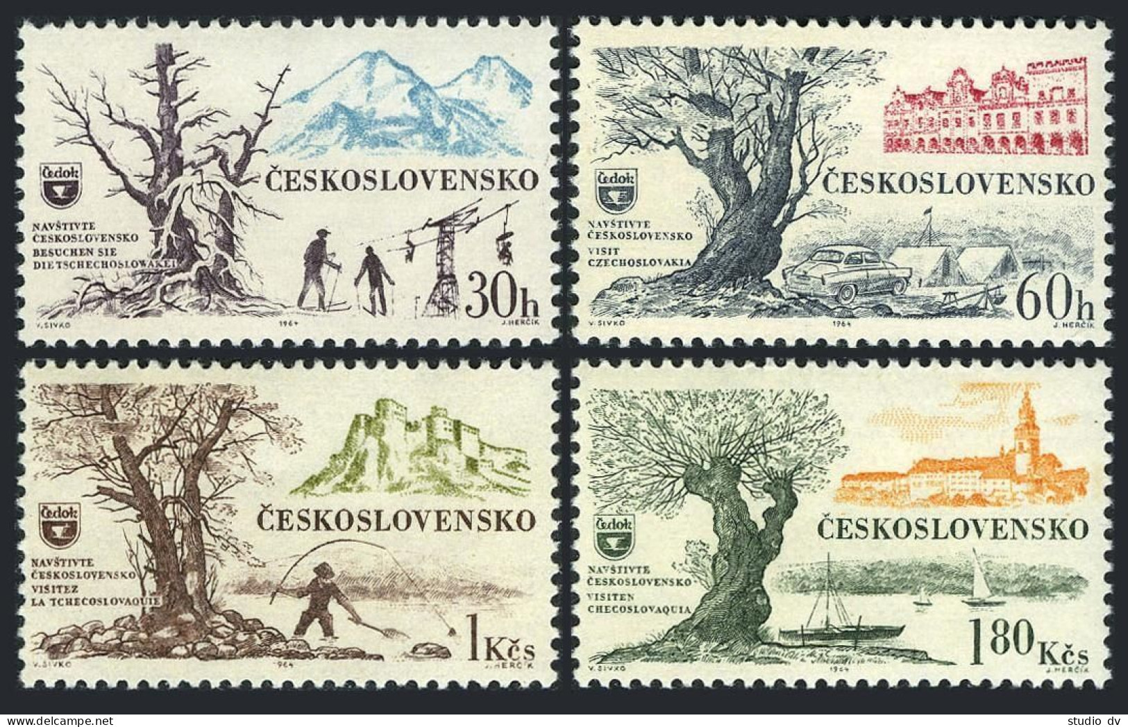 Czechoslovakia 1225-1228, MNH. Mi 1453-1456. Tourism 1964. Skier, Fishing,Castle - Unused Stamps