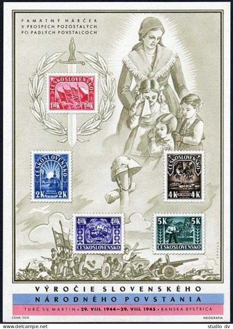 Czechoslovakia 292a Card,MNH.Michel A455-A459 Bl.7. National Uprising,1945.WW II - Nuovi