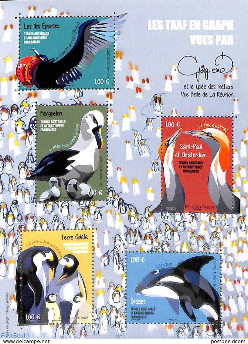 French Antarctic Territory 2021 Les TAAF En Graph S/s, Mint NH, Nature - Birds - Penguins - Ungebraucht