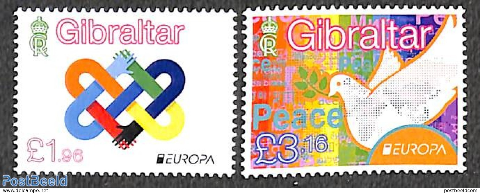 Gibraltar 2023 Europa, Peace 2v, Mint NH, History - Nature - Europa (cept) - Peace - Birds - Gibraltar