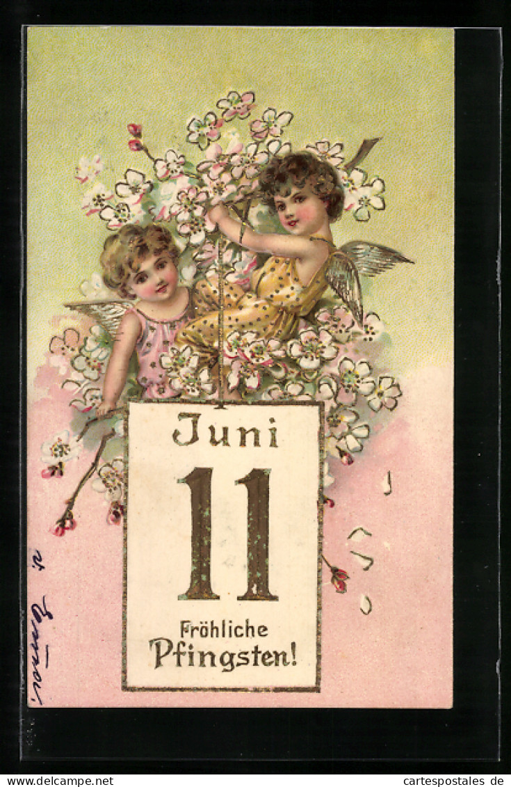 AK Engel Mit Frühlingsblumen Sitzen Auf Einem Kalenderblatt, Fröhliche Pfingsten  - Pentecostés