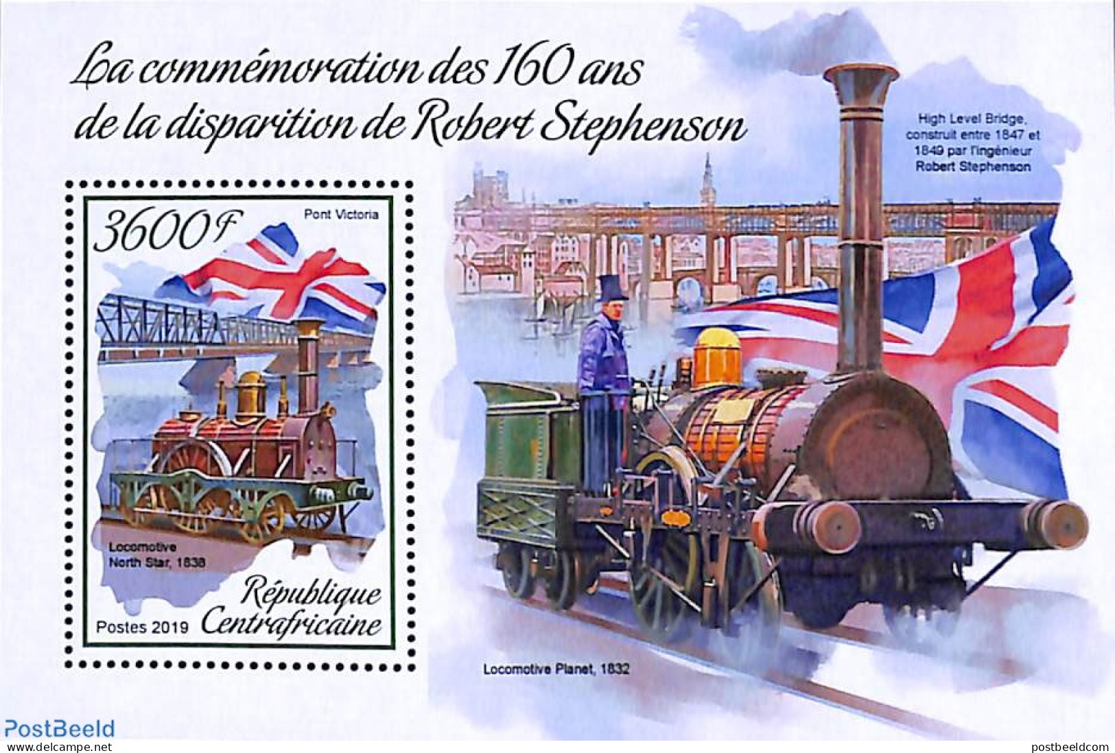 Central Africa 2019 Robert Stephenson S/s, Mint NH, Transport - Railways - Treni