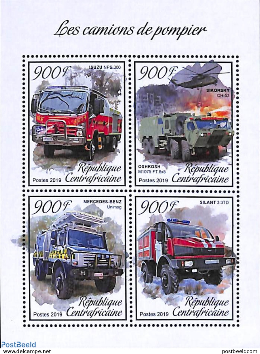 Central Africa 2019 Fire Engines 4v M/s, Mint NH, Transport - Automobiles - Fire Fighters & Prevention - Cars