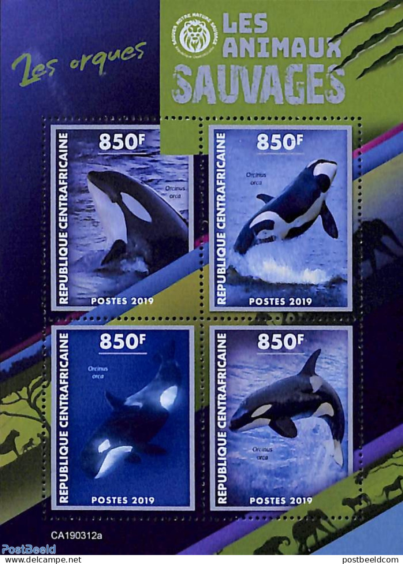 Central Africa 2019 Killer Whales 4v M/s, Mint NH, Nature - Sea Mammals - Central African Republic