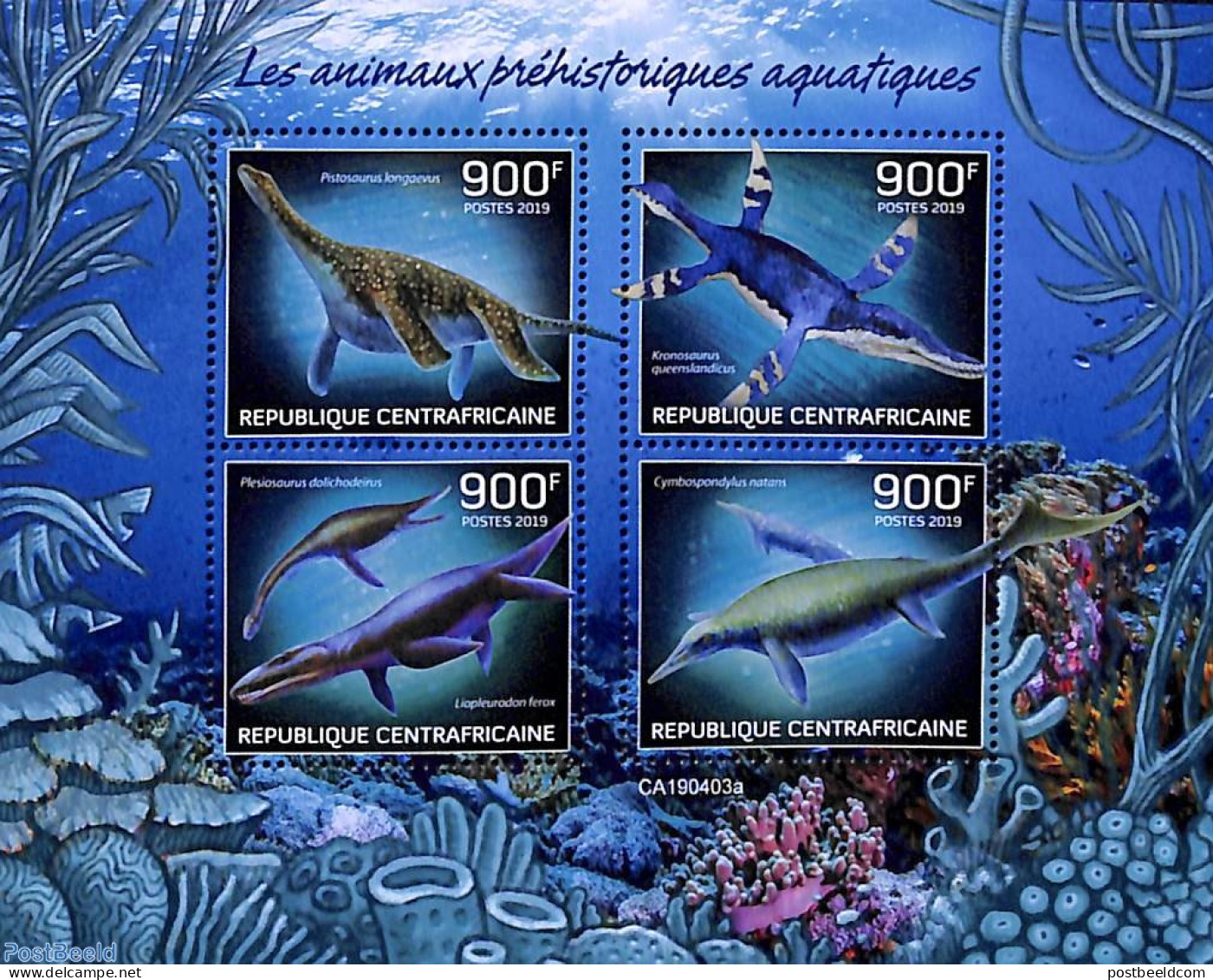 Central Africa 2019 Prehistoric Sea Animals 4v M/s, Mint NH, Nature - Prehistoric Animals - Préhistoriques