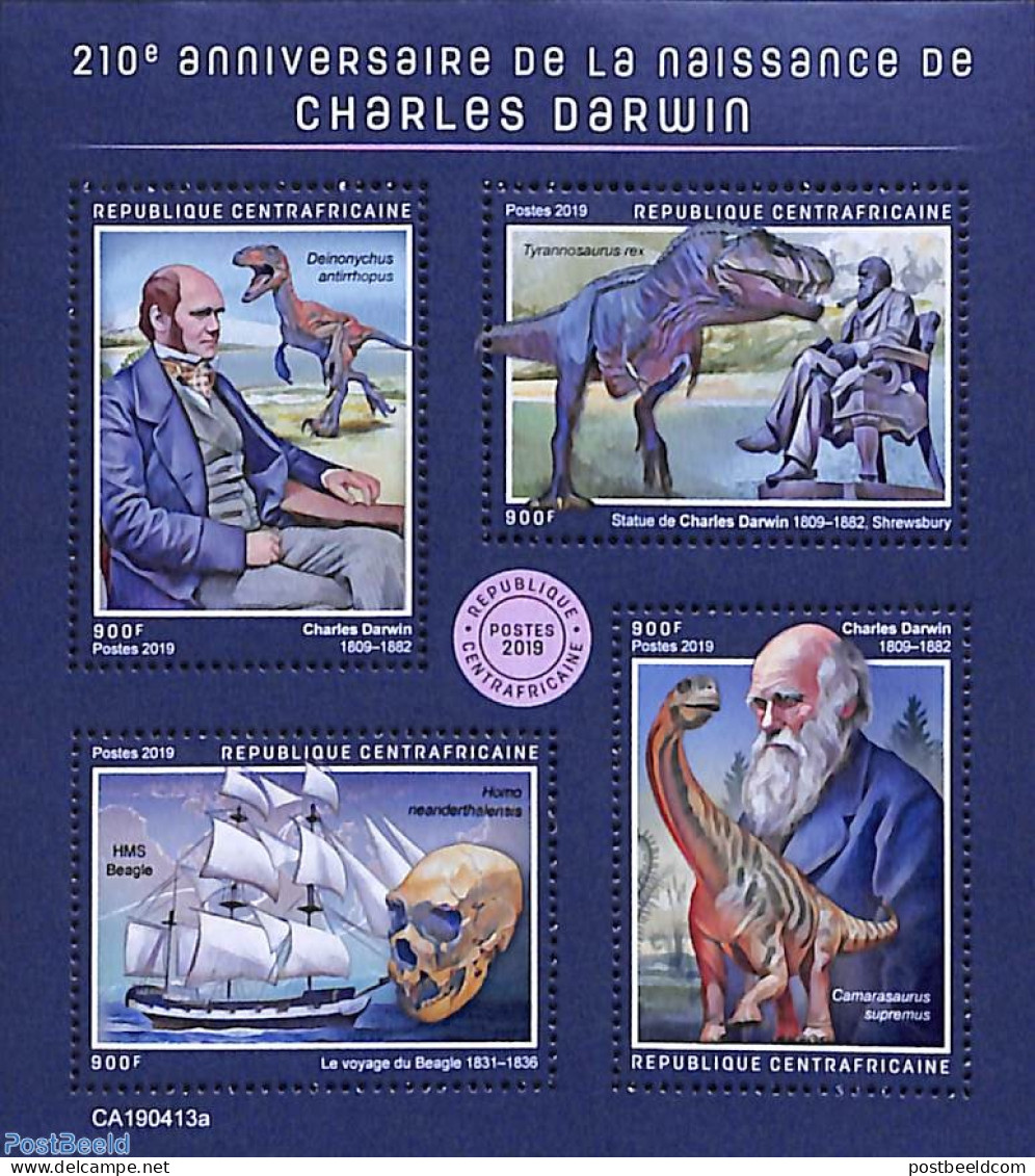 Central Africa 2019 Charles Darwin 4v M/s, Mint NH, History - Nature - Transport - Explorers - Prehistoric Animals - S.. - Exploradores