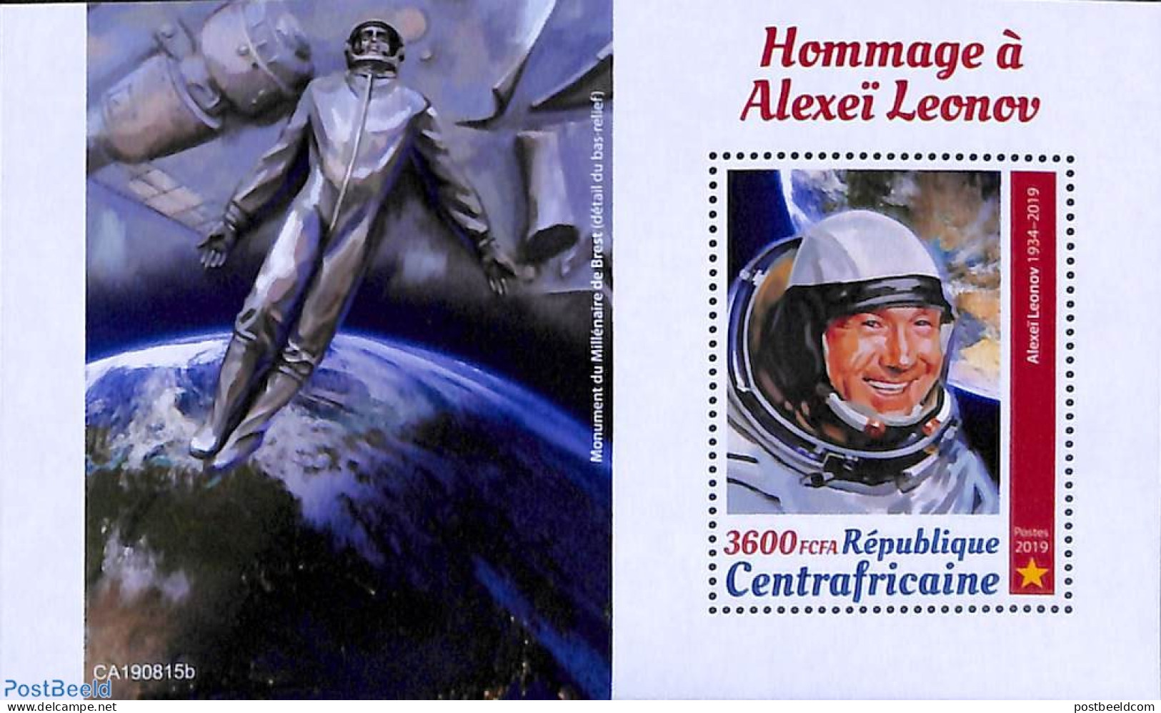 Central Africa 2019 Alexeï Leonov S/s, Mint NH, Transport - Space Exploration - Centraal-Afrikaanse Republiek