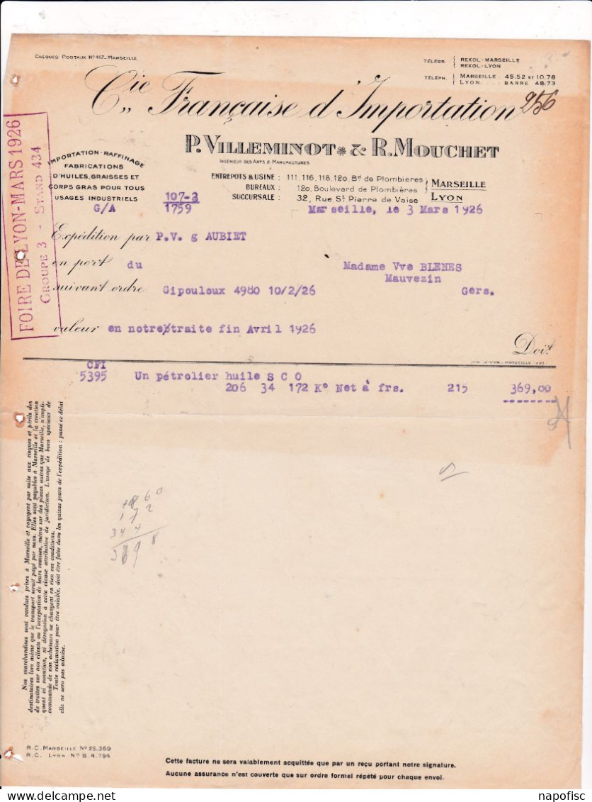 13-P.Villeminot & R.Mouchet  Compagnie Française D'Importation...Marseille...(Bouches-du-Rhône)...1926 - Altri & Non Classificati