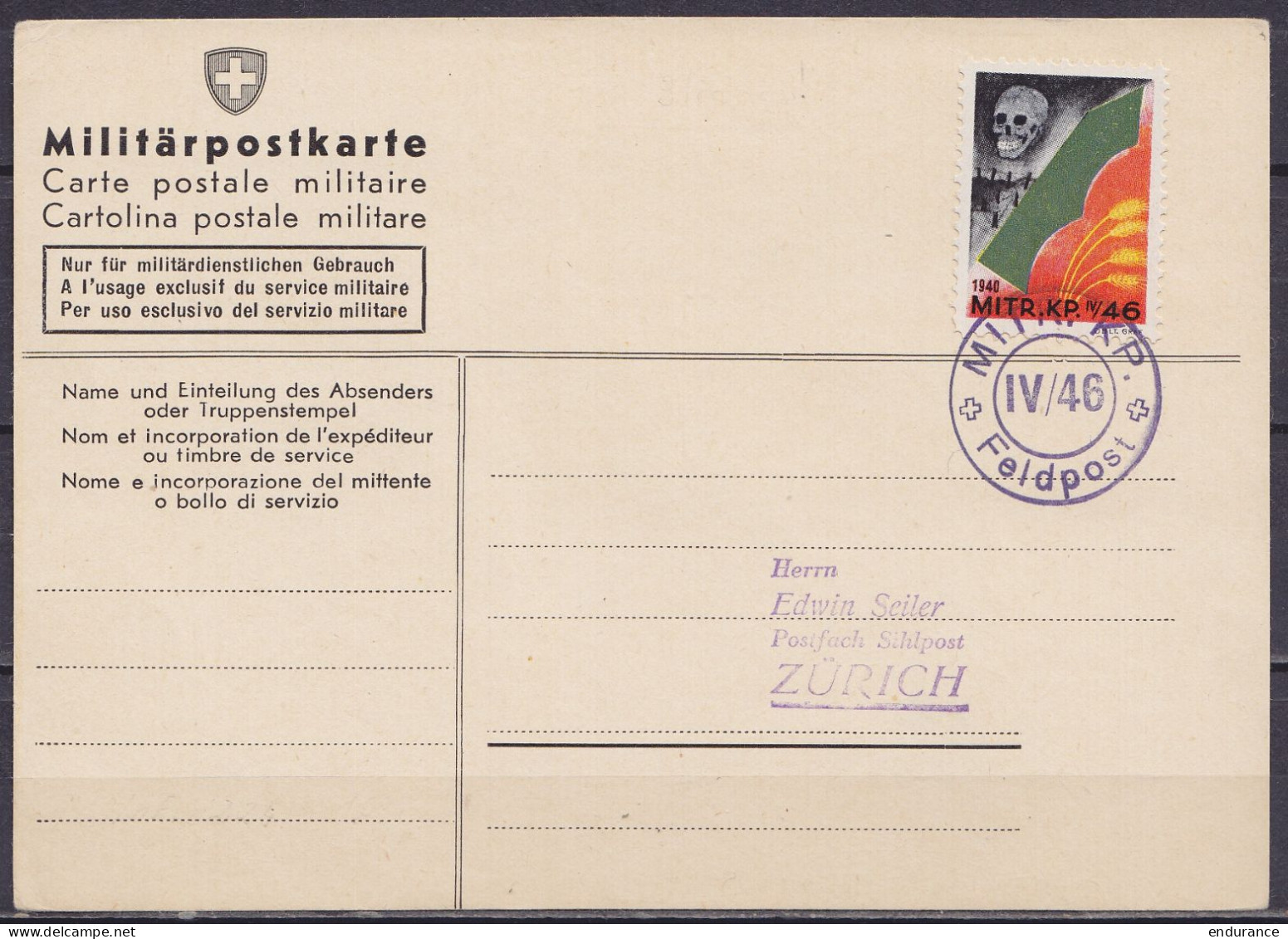 Suisse - Poste Militaire - Militärpostkarte. Affr. Vignette "MITR.KP.IV/46 / 1940" Oblit. "MITR.KP /IV/46/ Feldpost" - Documenti