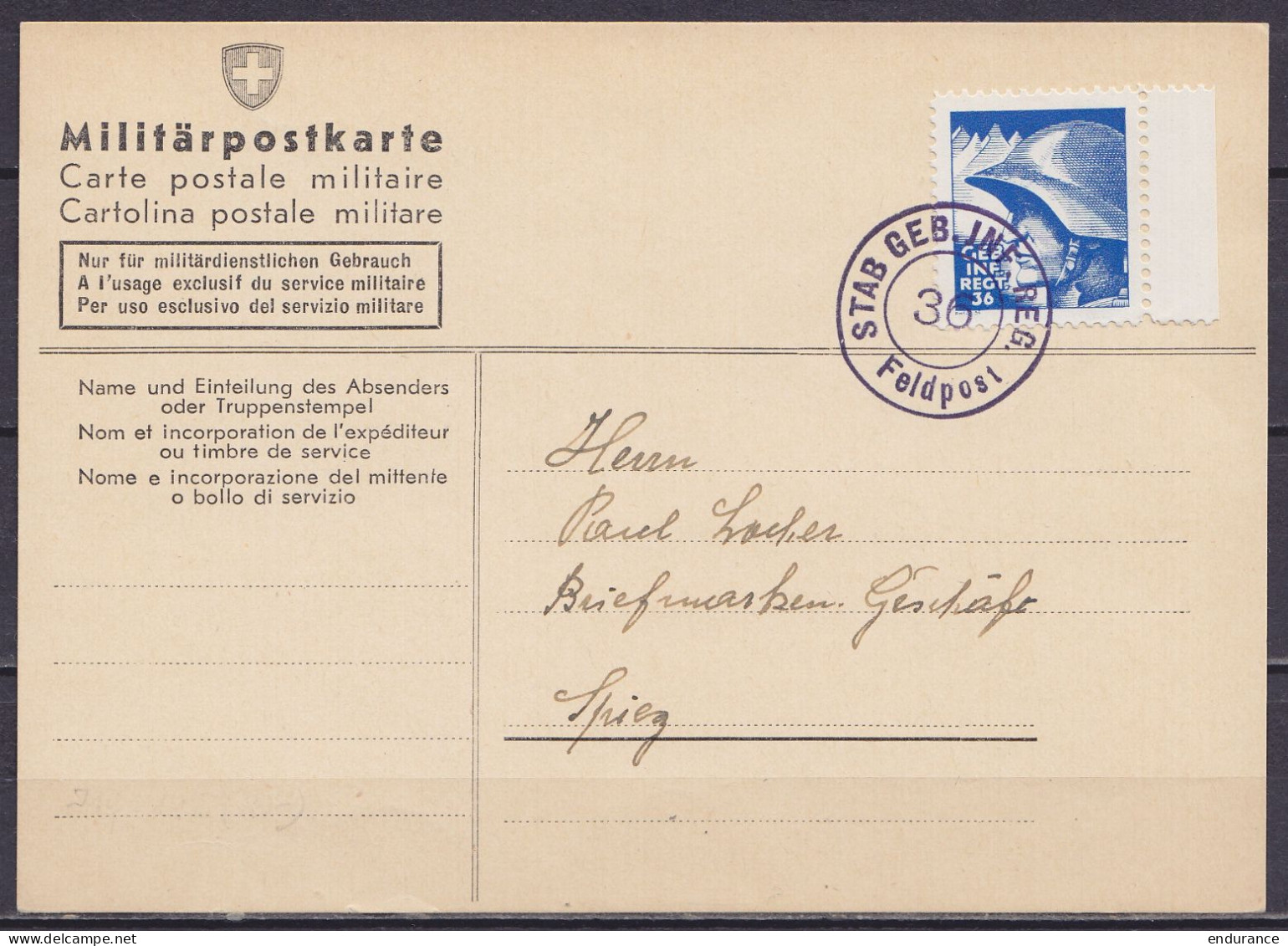 Suisse - Poste Militaire - Militärpostkarte. Affr. Vignette "GEB.INF.REGT.36" Oblit. "STAB GEB. INF.REG. /36/ Feldpost"  - Dokumente