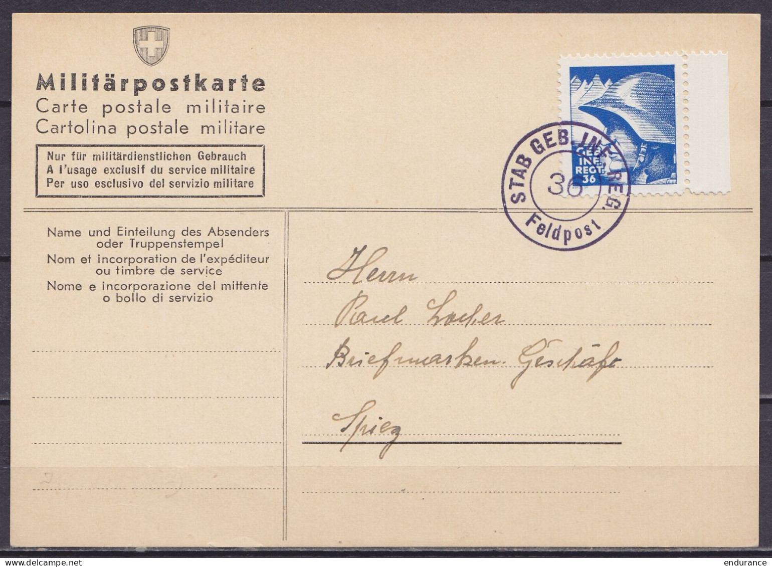 Suisse - Poste Militaire - Militärpostkarte. Affr. Vignette "GEB.INF.REGT.36" Oblit. "STAB GEB. INF.REG. /36/ Feldpost"  - Cartas & Documentos