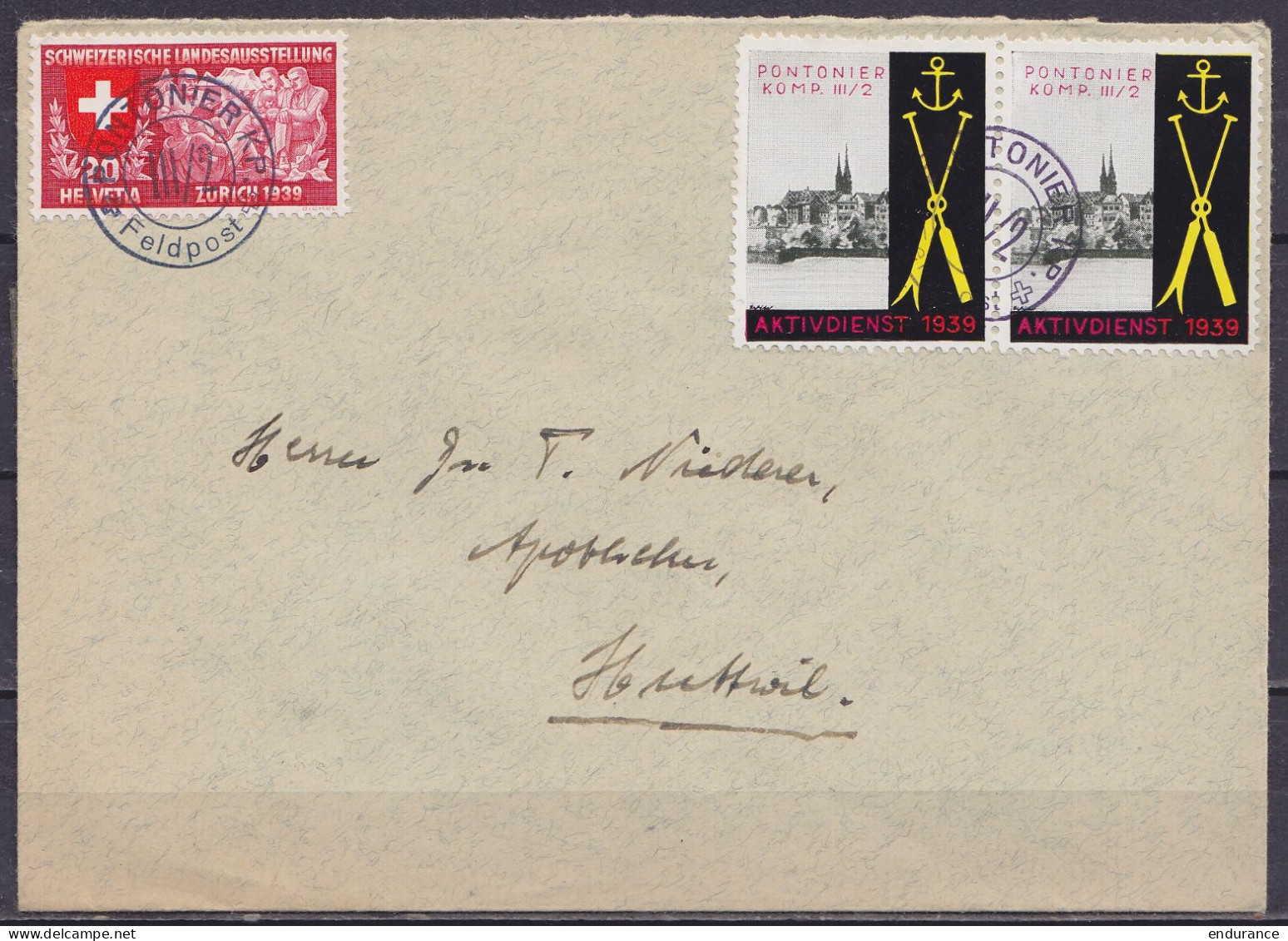 Suisse - Poste Militaire - Env. Affr. Paire Vignettes "PONTONIER KOMP. III/2 / AKTIVDIENST 1939" + 20c Oblit. "PONTONIER - Dokumente