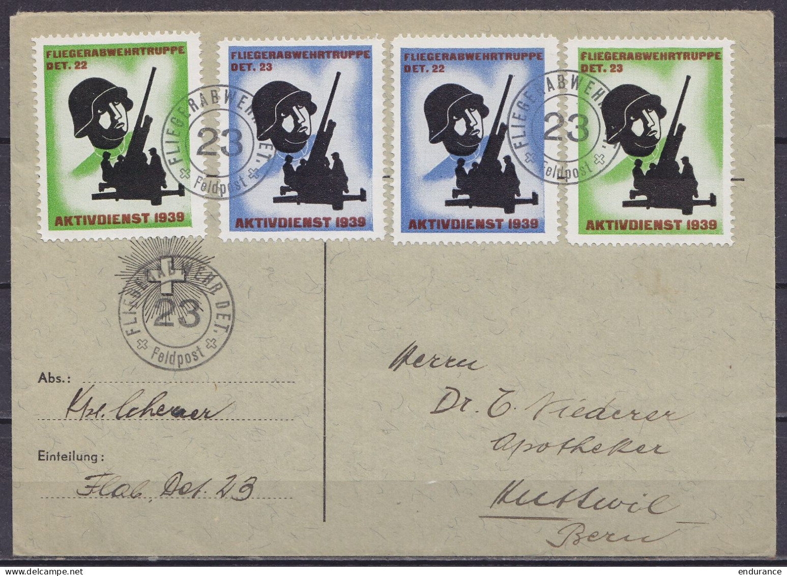 Suisse - Poste Militaire - Env. Affr. 2x 2 Vignettes "FLIEGERABWEHRTRUPPE / DET.22 / AKTIVDIENST 1939" (& 23) Oblit. "FL - Cartas & Documentos