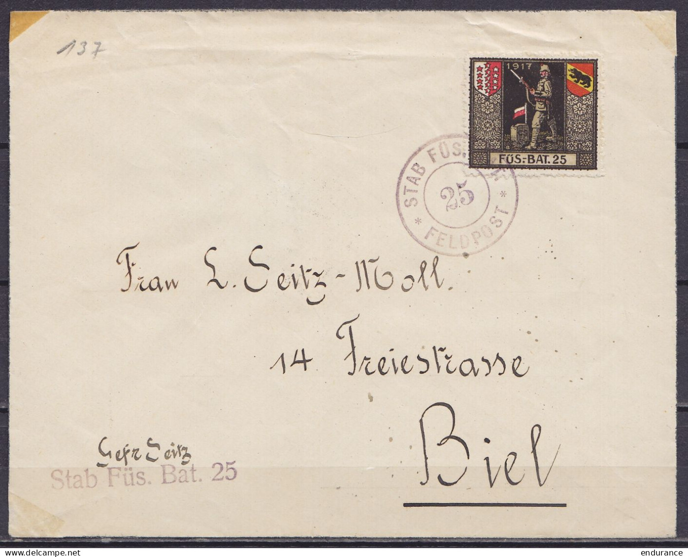 Suisse - Poste Militaire - Env. Affr. Vignette "FÜS.BAT.25" Oblit. "STAB FÜS.BAT. /25/ Feldpost" Pour BIEL (au Dos: Càpt - Cartas & Documentos