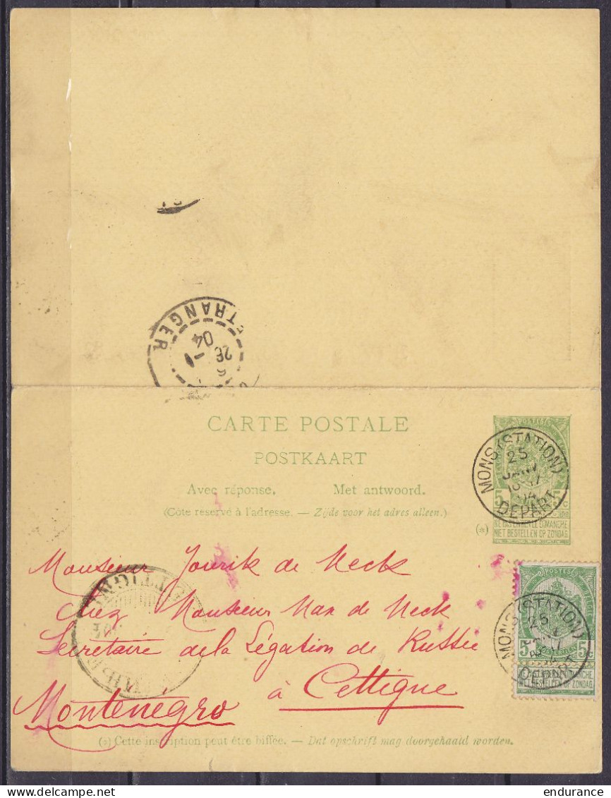 EP CP Avec Réponse 5c Vert (type N°56) + N°56 Càd "MONS /25 JANV 1904/ DEPART" Pour CETTIQNE (Cetinje) Montenegro - Postkarten 1871-1909