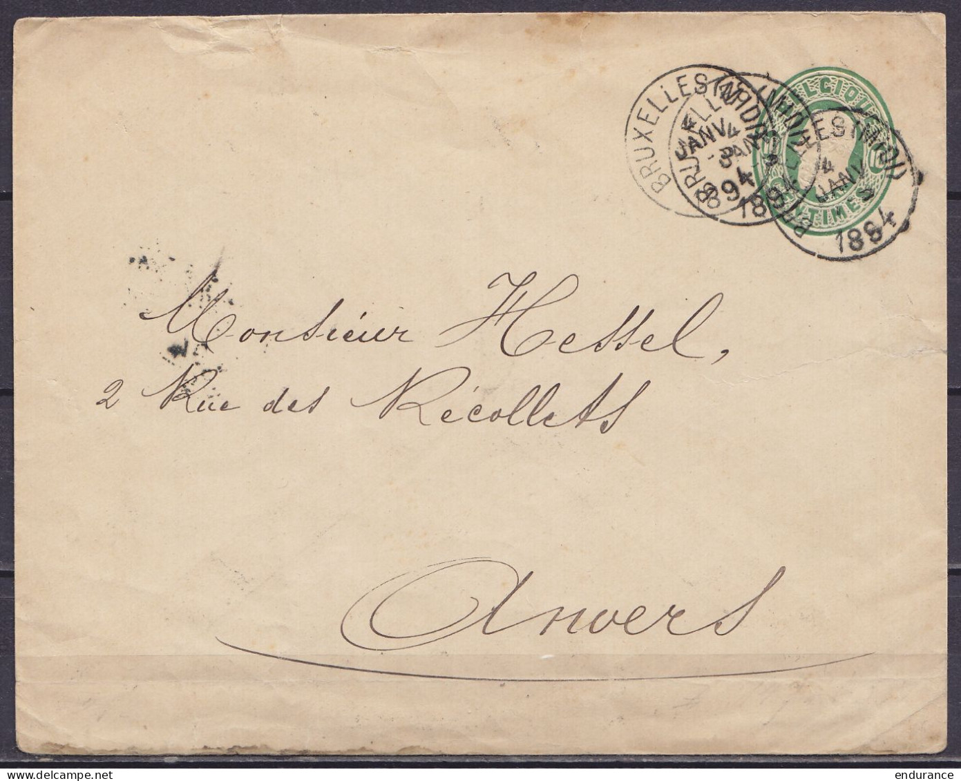 EP Env. 10c Vert Oval Repiquée "Brasserie Wielmans-Ceuppens" Càd BRUXELLES (MIDI) /4 JANV 1894 (frappé 3x !) Pour ANVERS - Sobres