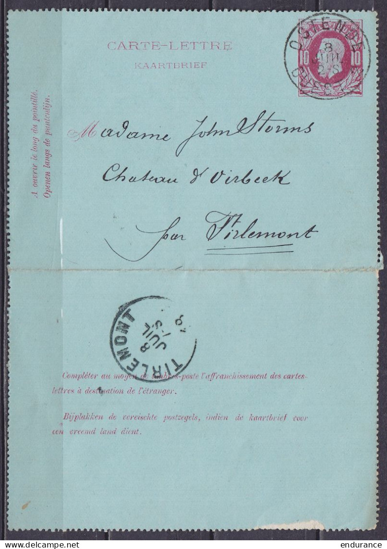 EP Carte-lettre 10c Rouge (type N°30) Càd Ambulant "OSTENDE OUEST 2 /8 JUIL 1884 Pour Château D'Oirbeek Par TIRLEMONT (a - Kartenbriefe