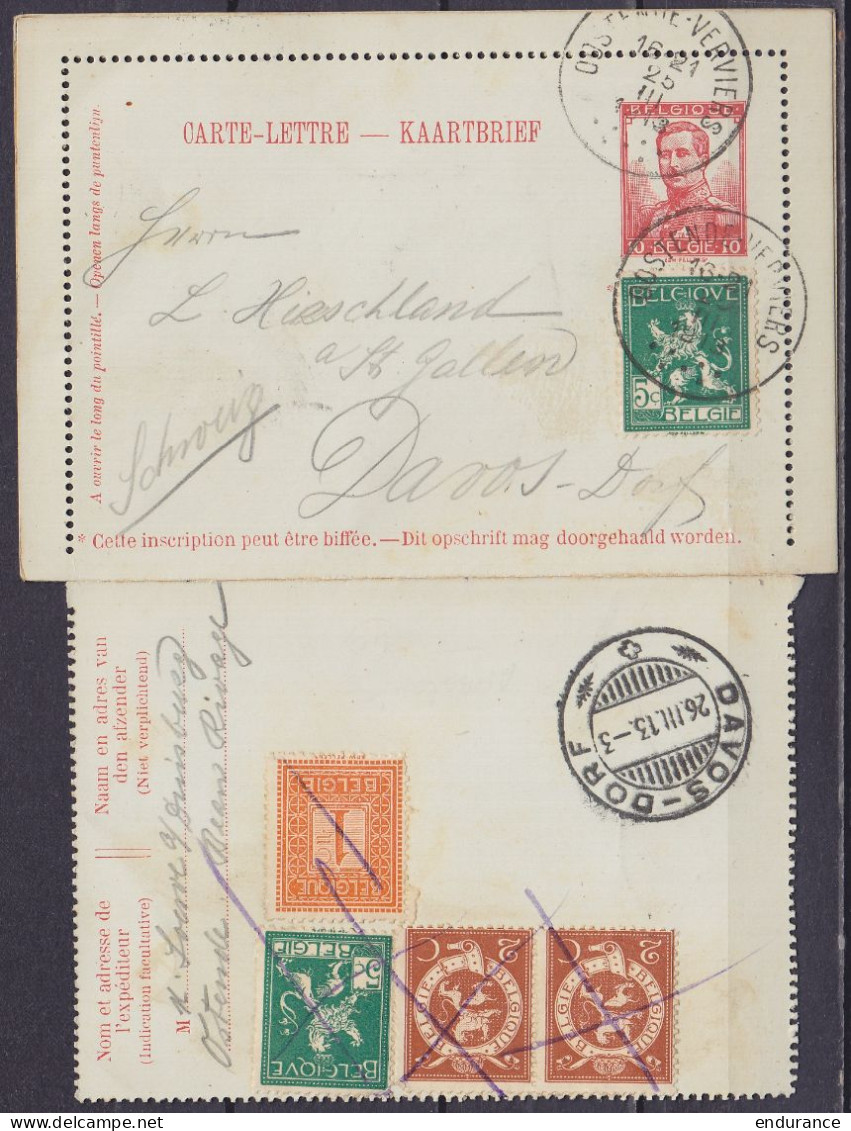 EP Carte-lettre 10c Rouge (type N°111) + N°110 Càd Ambulant OOSTENDE-VERVIERS /25 III 1913 Pour DAVOS-DORF (Suisse) (au  - Cartas-Letras