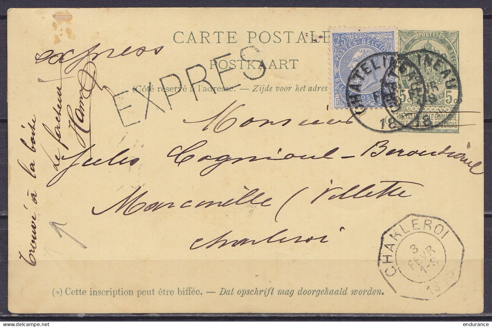 EP CP 5c Gris-vert (type N°56) + N°60 Càd CHATELINEAU /3 FEVR 1895 Pour MARCINELLE - Note Man. Facteur "trouvé à La Boît - Postkarten 1871-1909