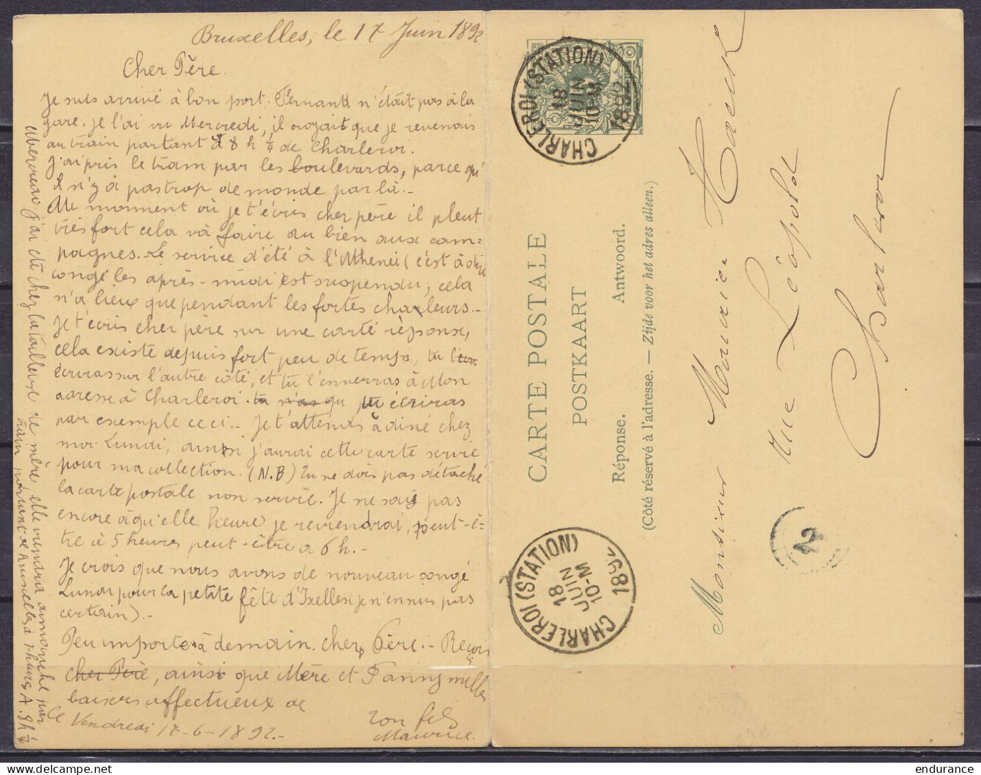 EP CP Avec Réponse 2x 5c Vert (type N°45) Càd BRUXELLES-EST /17 JUIN 1892 Pour CHARLEROI Renvoi Càd CHARLEROI (STATION)  - Postkarten 1871-1909