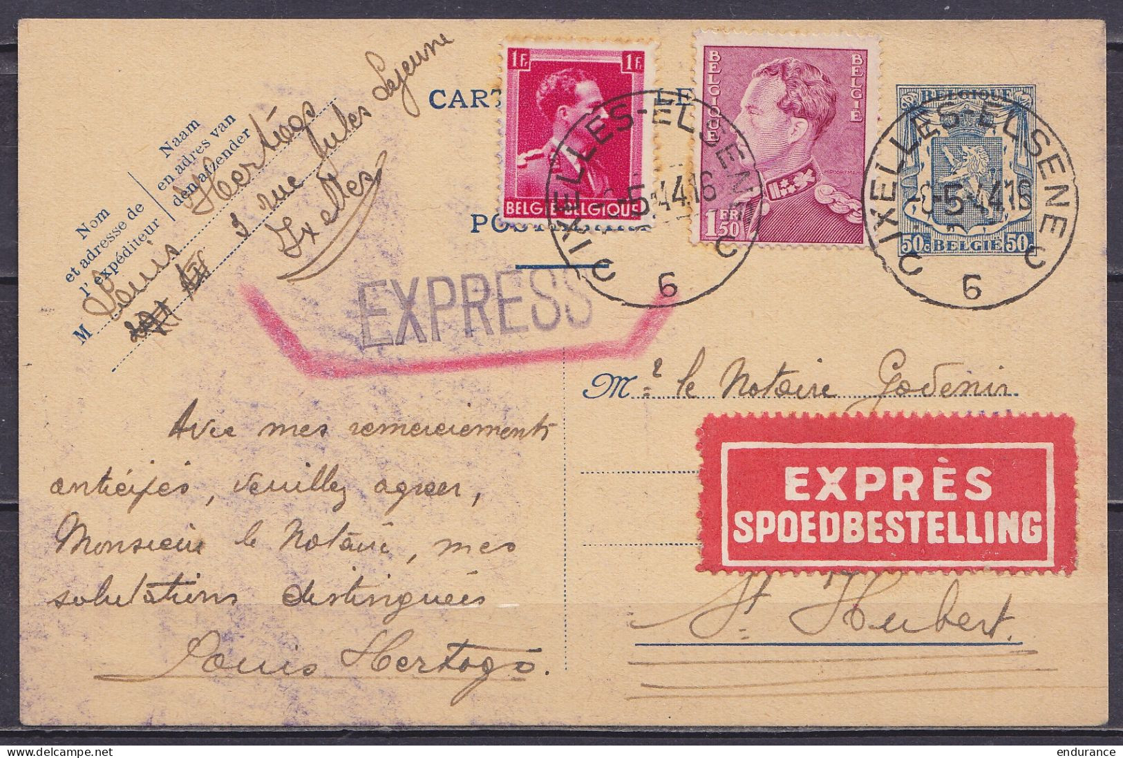 EP CP 50c Bleu (N°426) + N°429+528 Càd IXELLES-ELSENE 6/-8-5-1944 En Exprès Pour ST-HUBERT - Griffe "EXPRESS" & étiq. [E - Briefkaarten 1934-1951